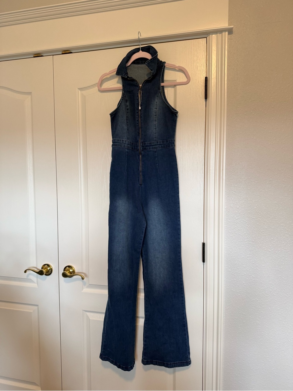 Sleeveless Dark Wash Denim Jumpsuit with Zip Front